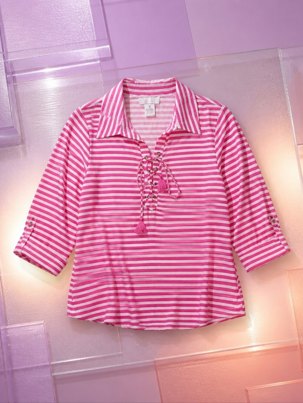 Stella Parker Pink White Striped Lace Up Tassel Tunic Top Womens Small